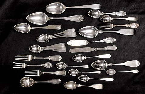 Coin silver flatware circa 1800-50: Coin silver flatware circa 1800-50 fifteen teaspoons, L4 3/4" to 6"; 'Sheaf of Wheat' dessert spoon, L7"; dessert spoon, L7 1/4"; three serving spoons, L8 1/2"; three forks, L6" and 6 3/4"; sugar