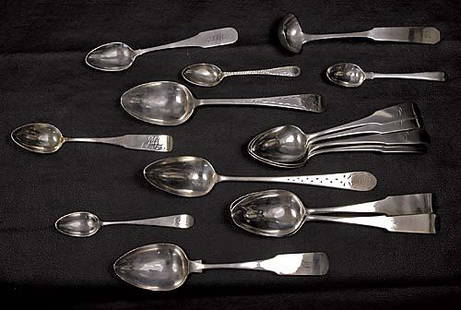 American coin silver spoons and ladle circa 1765-9: American coin silver spoons and ladle circa 1765-95 Massachusetts: serving spoon, by Joseph Moulton, Newburyport, L8 1/4"; ladle, by Ebenezer Moulton, Boston, L7"; New Hampshire: serving spoon, by