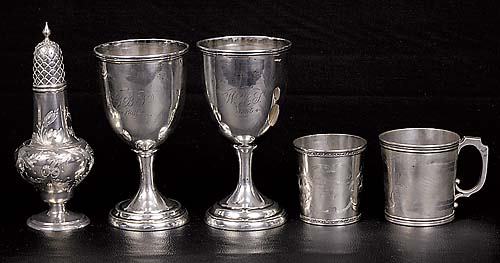 Coin silver caster, cup, beaker and goblets circa: Coin silver caster, cup, beaker and goblets circa 1850-65 caster with quilt design top over repousse baluster form, marked Gorham & Co; engine-turned cup, engraved with initials JMB; beaker with