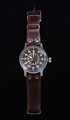German WWII aviator watch, by Laco Lacher & Co: circa 1942 over sized chronograph watch with luminous double dial; case has gray mat military finish and brown leather over sized band with brass finding; case marked on side rim with FL23883 and on b