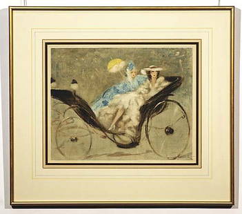 005: Icart, Louis French (1888 -1950): LADIES IN CARRIAGE aquatint, framed signed: lower right in pencil, Louis Icart image size: 12 1/2 x 16 inches