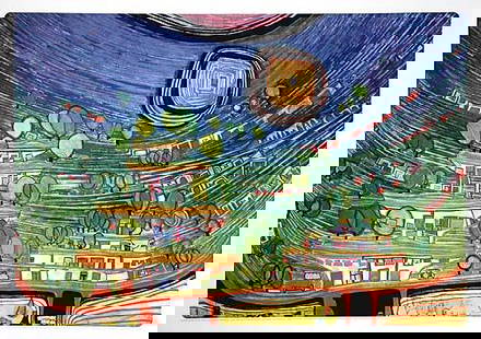 007: Hundertwasser, Friedensreich Austrian (1928-2000): THE HOUSES ARE HANGING UNDERNEATH THE WOODS lithograph, framed unsigned image size: 17 1/2 x 25 inches