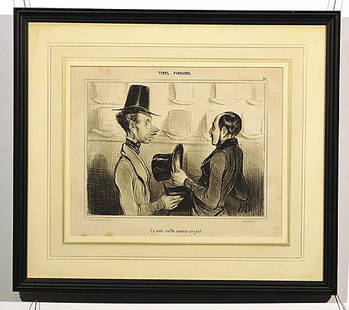 010: Daumier, Honoré French (1808-1879): ÇA VOUS COIFFE COMME UN GANT (Types Parisiens, pl. 34) circa 1840 lithograph, framed image size: 7 1/2 x 10 inches