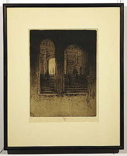 011: Continental (early 20th century): CATHEDRAL STEPS etching, framed signed: lower middle, illegibly plate size: 11 x 8 1/4 inches