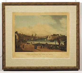 012: Garneray, Ambrose Louis French (1783-1857): VUE GÉNÉRALE DU PORT DE BREST, PRISE DU PARC AUX VIVRES aquatint, framed titled: lower margin sight size: 16 x 20 inches