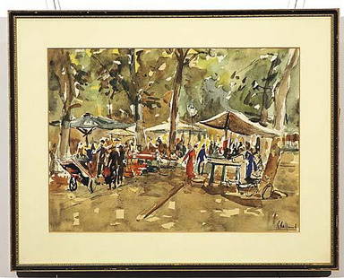 016: Rolland, R French (20th century): PARISIAN STREET MARKET watercolor on paper, framed signed: lower right, R. Rolland sight size: 11 x 15 inches