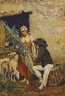 017: Fasce, Franco Italian (fl. 1880): COUNTRY ROMANCE watercolor, framed signed: lower left 21 x 14 1/2 inches