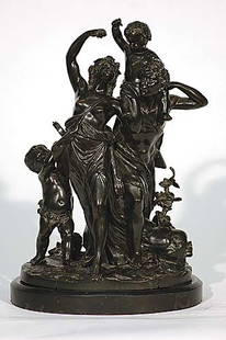 018A: Clodion, Claude Michel (after) French (1738-1814: BACCHUS WITH CHILDREN bronze with dark brown patina on marble base signed: on base, Clodion 17 x 11 x 8 inches