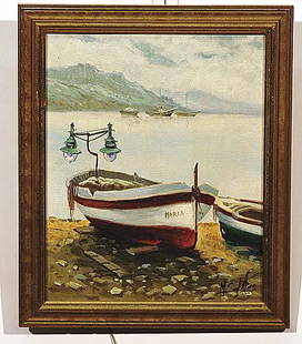 020: Continental (20th century): FIVE WORKS: FISHING BOAT MARIA, PAIR OF PARISIAN SCENES, and PAIR OF EIFFEL TOWER SCENES oil on canvas, framed signed: lower right 10 1/2 x 8 3/4, 9 1/4 x 7, and 10 x 8 inches