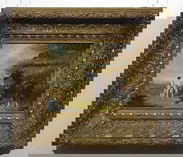 021: Continental (20th century): HORSES BY SHED oil on board, framed signed: lower left, R. Mario 8 x 10 inches