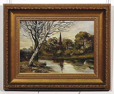 022: Corvin: FISHING AT THE PARK oil on canvas, framed signed: lower right, Corvin 10 x 14 inches