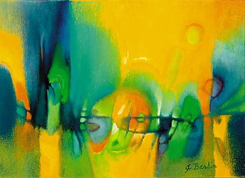 Bardin, Jesse Redwin (J. Bardin) Elloree,: Bardin, Jesse Redwin (J. Bardin) Elloree, SC (1923-1997) BRIGHT MOMENT oil on canvas, framed signed & titled: lower right and verso H10" W14"