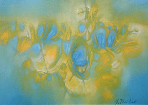 Bardin, Jesse Redwin (J. Bardin) Elloree,: Bardin, Jesse Redwin (J. Bardin) Elloree, SC (1923-1997) UNTITLED ABSTRACT (Pale blue, yellow, and white) oil on canvas, framed signed: lower right and verso H10" W14"