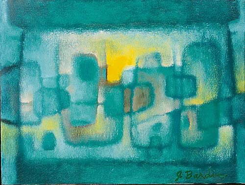 Bardin, Jesse Redwin (J. Bardin) Elloree: Bardin, Jesse Redwin (J. Bardin) Elloree, SC (1923-1997) TEMPLE OF FRAGMENTS oil on canvas, framed signed & titled: lower right and verso H12" W16"