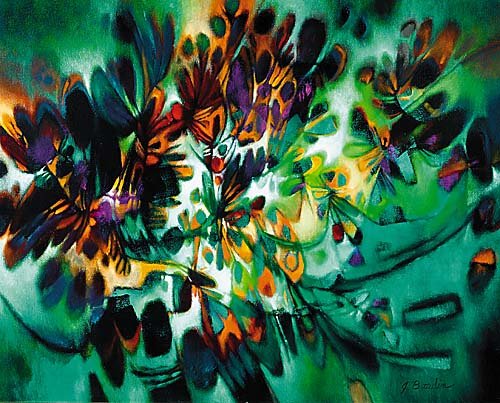 Bardin, Jesse Redwin (J. Bardin) Elloree: Bardin, Jesse Redwin (J. Bardin) Elloree, SC (1923-1997) UNTITLED ABSTRACT (Hues of blue, green and oranges) oil on canvas, framed signed: lower right and on verso H40" W50"