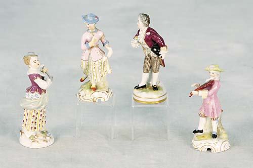 012: Four miniature porcelain figures romantic pair,: Four miniature porcelain figures romantic pair, marked: JP (Jacob Petit); German woman with triangle, marked: underglaze-blue crossed swords; German man with posey. (One of pair with repairs, last wit