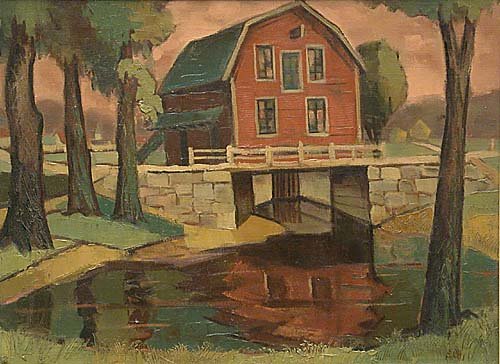 016: American (20th century): American (20th century) RED BARNoil on canvas, framedsigned: lower right with initials, S. CH. H18" W24"