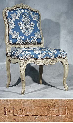 Two Louis XV painted chaises, one signed Cresson l: Two Louis XV painted chaises, one signed Cresson late 18th/early 19th century one with floral-carved molded frame, with padded back and seat with serpentine front rail, resting on carved cabriole legs