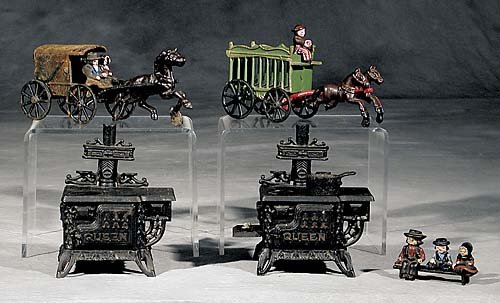 Five cast-iron and metal toys late 19th/early 20th: Five cast-iron and metal toys late 19th/early 20th century one horsedrawn circus wagon, L8"; one with Amish figure in horsedrawn cart, L9"; figure of Amish children with father on bench, L3 1/2"; two