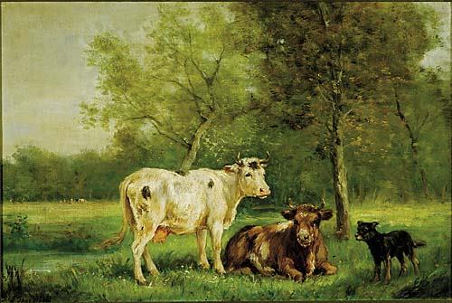 Inness, George Jr Date: New York (1854-1926): IN THE PASTURE oil on canvas, framed signed & dated: lower left, G. Inness, 1884 Size: H14" W21" Provenance: *Artist biography: Born in Paris, France, George Inness Jr. became a noted animal and figur