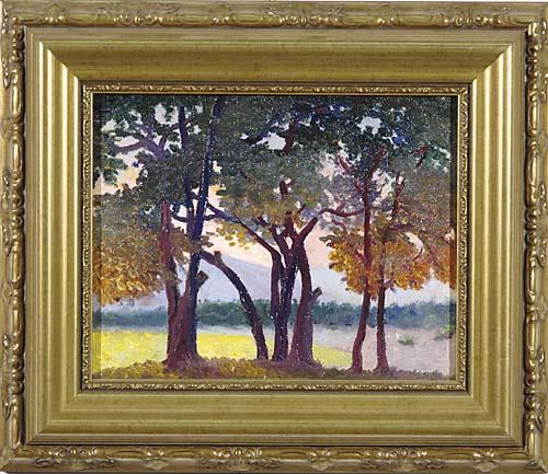 Parrish, Maxfield Frederick (manner of): New Hampshire (1870-1966) SUNLIGHT THROUGH TREESoil on canvas, framedunsigned H7" W9" *Artist biography: The son of the Philadelphia etcher and landscape painter Stephen Parrish, Maxfield Parrish was