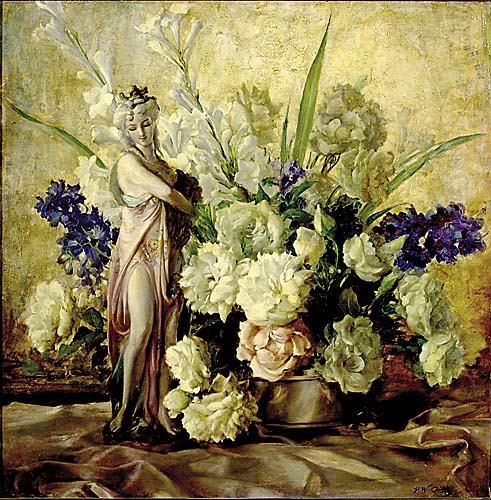 Orth, John William: Orth, John William Date: California (1889-1976) Description: PORCELAIN FIGURE AMONGST SPRING BOUQUEToil on masonite, framedsigned: lower right Size: H30" W30" Provenance: *Artist biography: Artist bio