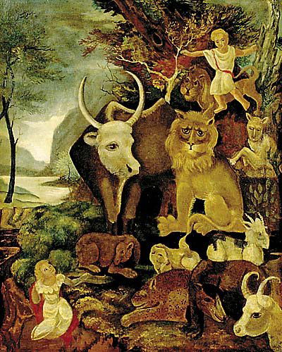 Edward Hicks (after) Pennsylvania (1780-1849) MEN: Edward Hicks (after) Pennsylvania (1780-1849) MENAGERIE oil on canvas, unframed unsigned H30" W24"
