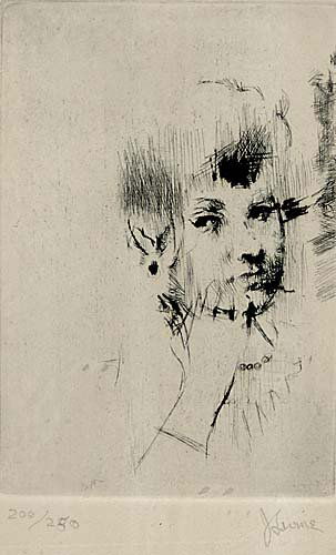 Jack Levine New York (b. 1915) MEDITATION drypoint: Jack Levine New York (b. 1915) MEDITATION drypoint, framed signed & numbered: lower margin in pencil, J. Levine, 200/250 plate size: H7 1/4" W4 3/4" @Prov:*Provenance: Bearing Margo Feiden Gallerie