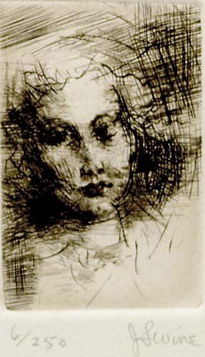 Jack Levine New York (b. 1915) HEAD OF A YOUNG GIR: Jack Levine New York (b. 1915) HEAD OF A YOUNG GIRL etching, framed signed & numbered: lower margin, J. Levine, 6/250 plate size: H3" W1 3/4" @Prov:*Provenance: Bearing Margo Feiden Galleries label