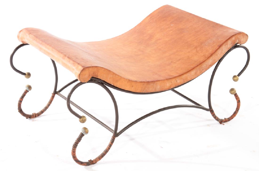 BENCH SHAPED LEATHER SEAT WROUGHT IRON BASE (1 of 4)