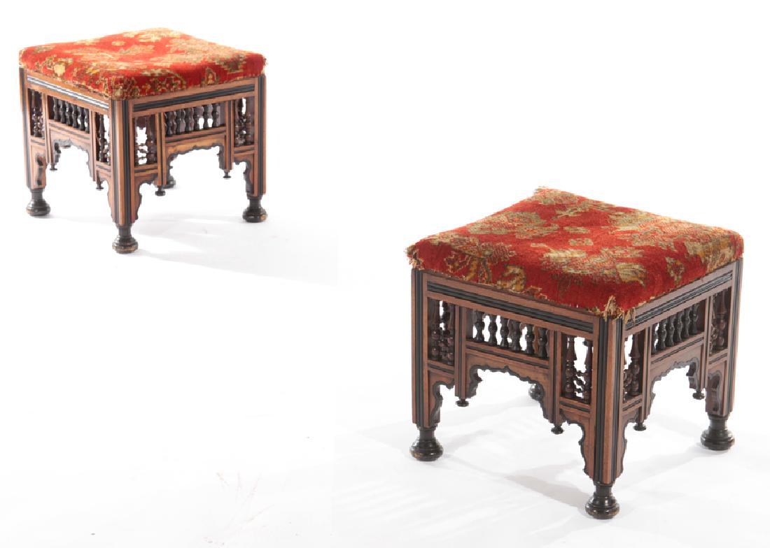 PAIR SYRIAN CARVED EBONIZED STOOLS BENCHES 1910 (1 of 4)