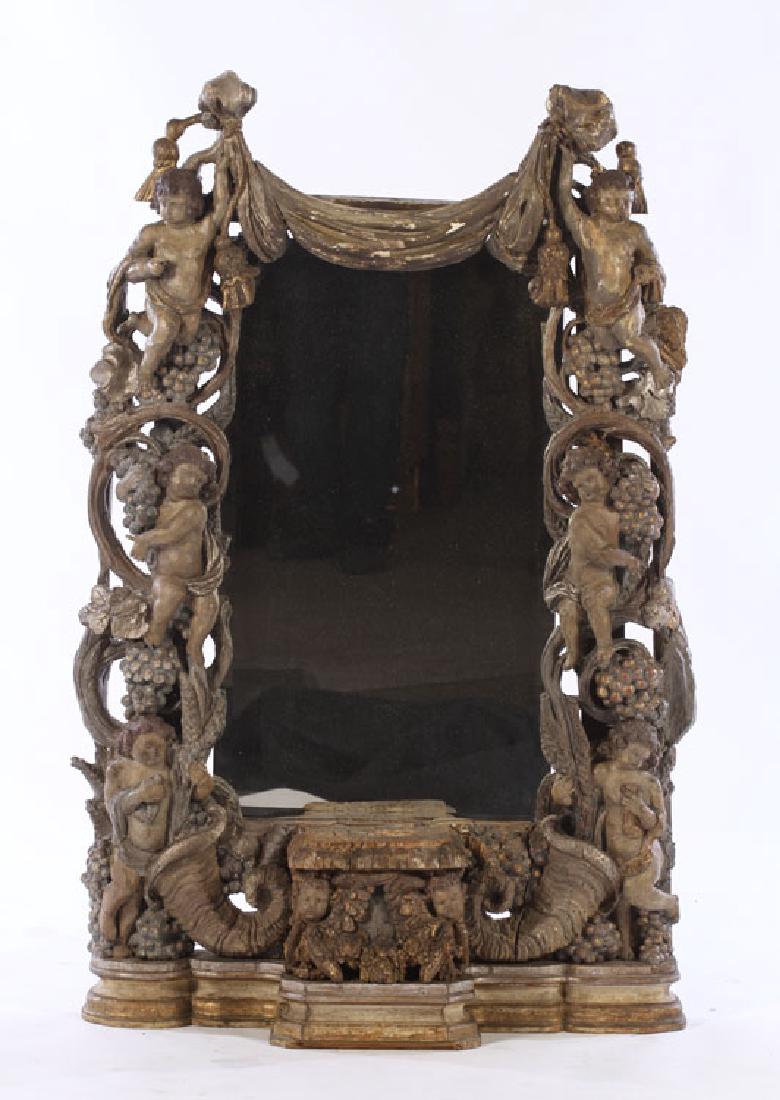 18TH CENT. ITALIAN CARVED POLYCHROMED MIRROR (1 of 5)