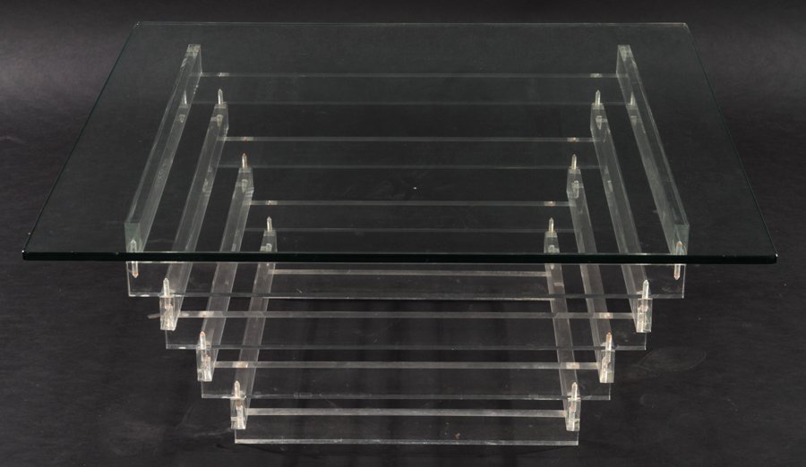 LUCITE COFFEE TABLE WITH GLASS TOP CIRCA 1980 (1 of 4)