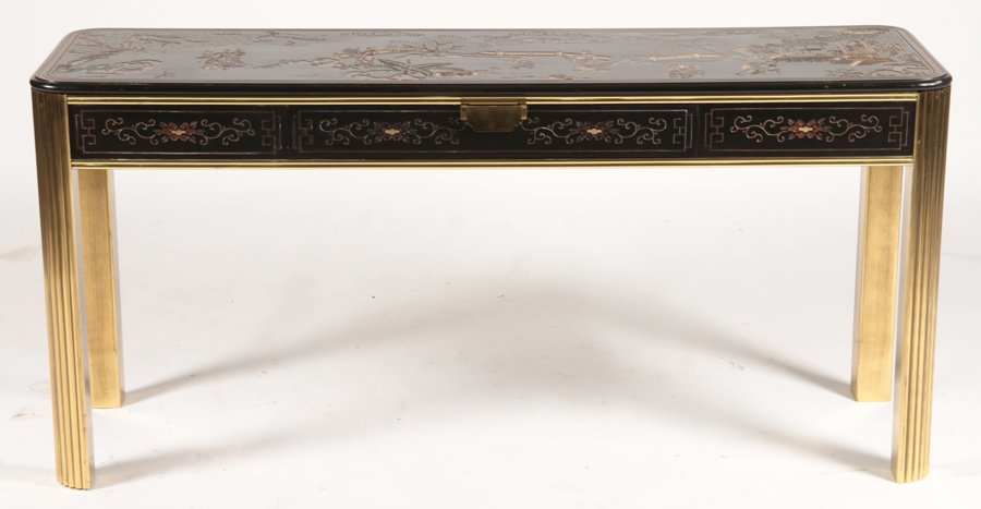 CHINOISERIE AND BRASS CONSOLE TABLE: A Chinoiserie and brass console table in the manner of Mastercraft having single drawer and reeded corner legs. Ht: 28" Wd: 60" Dpth: 18"