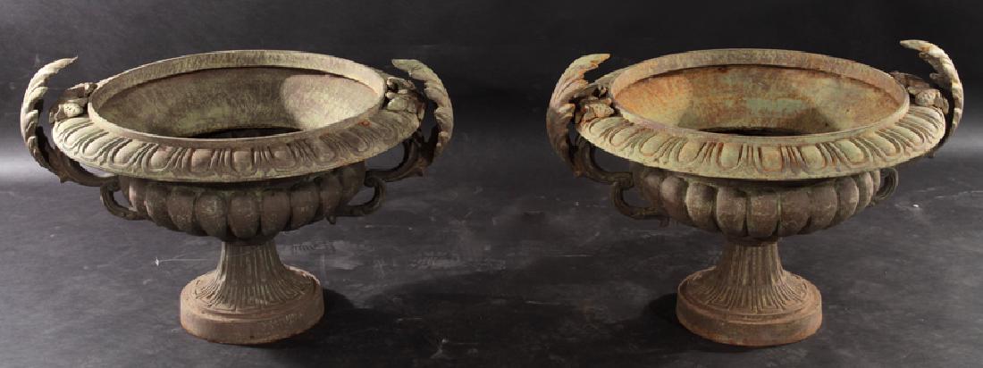LARGE PAIR CAST IRON GARDEN URNS FOLIATE HANDLES (1 of 5)