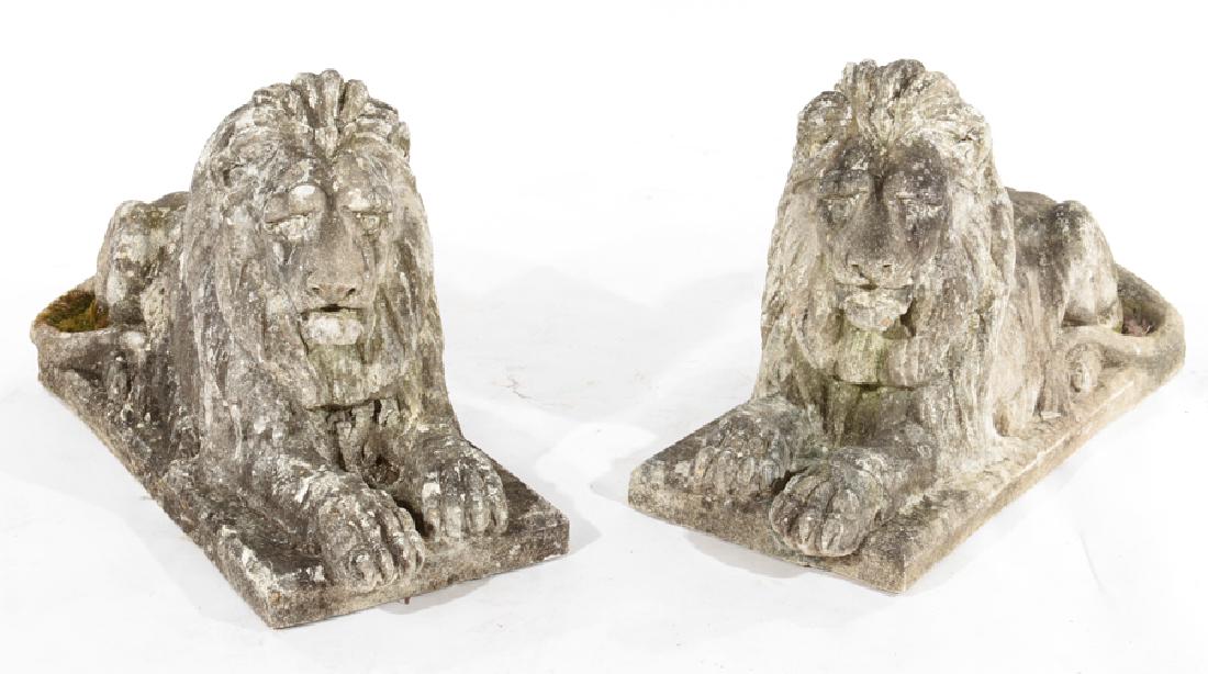 PAIR CAST STONE GARDEN RECUMBENT LIONS 1940 (1 of 5)