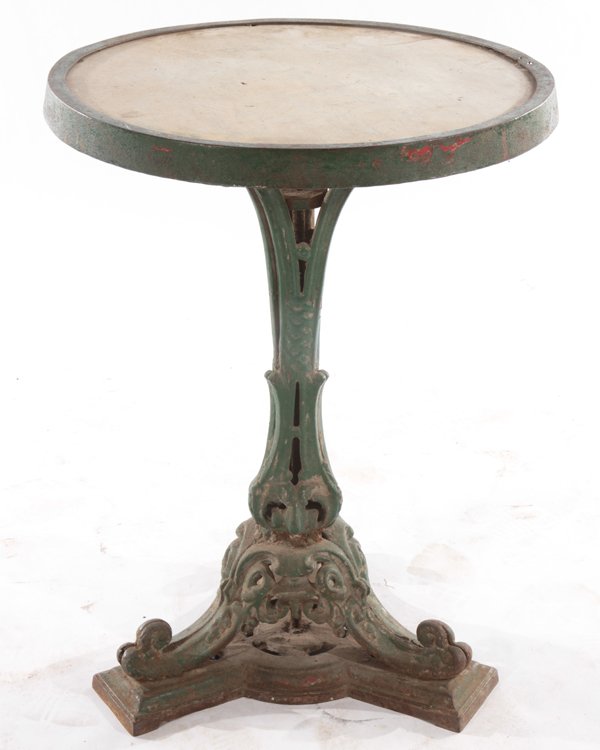 A PAINTED CAST IRON MARBLE TOP PUB TABLE C.1940 (1 of 4)