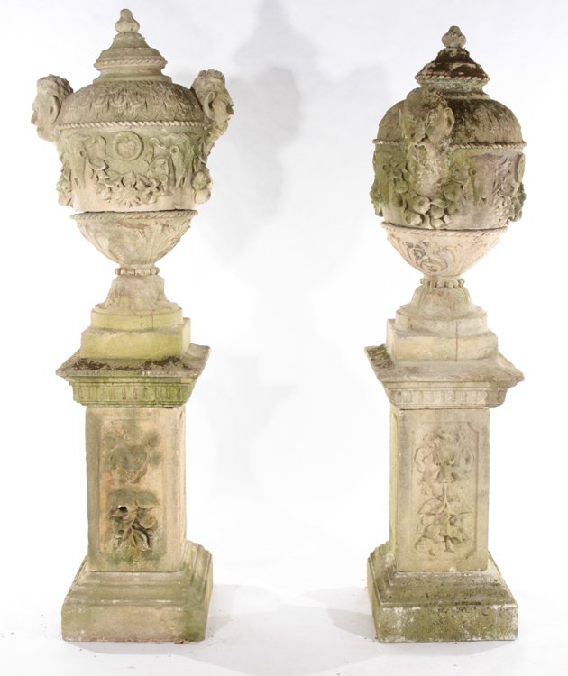 PAIR OF CARVED LIMESTONE 4 PART URNS CIRCA 1910 (1 of 8)