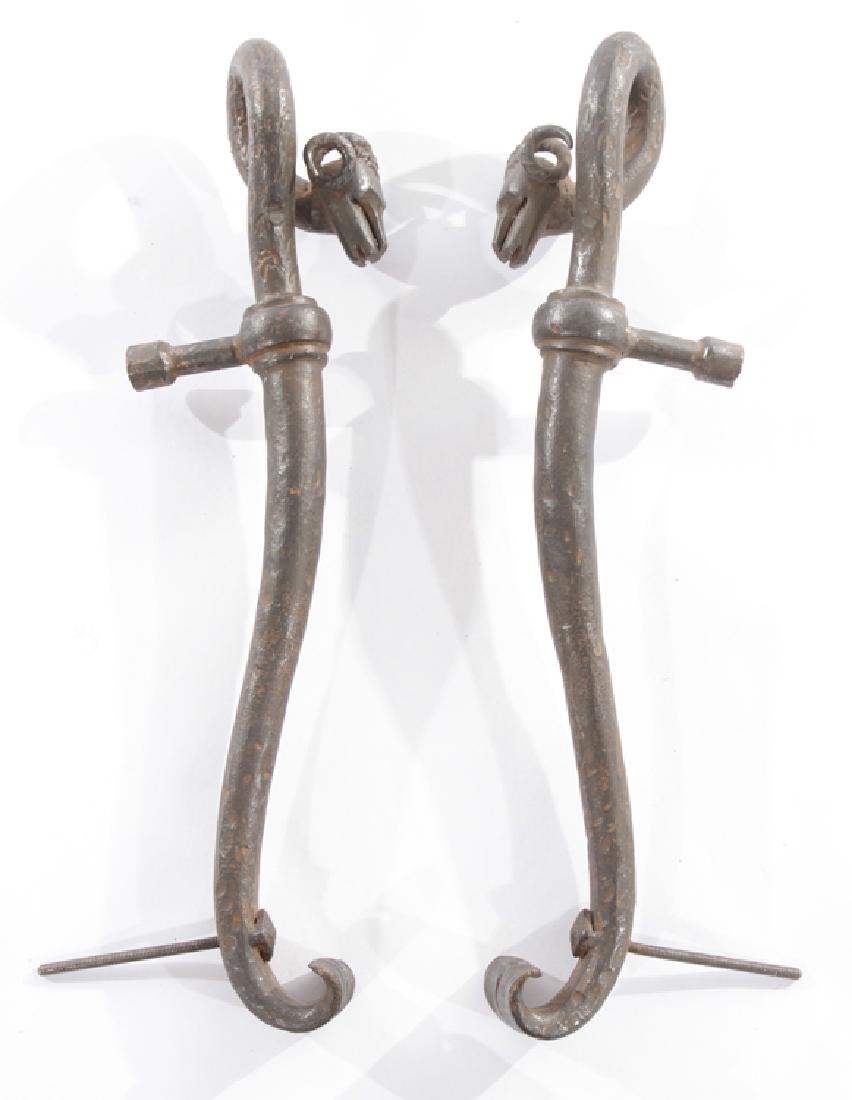 PAIR TWISTING IRON DOOR HANDLES RAMS HEADS C 1940 (1 of 5)