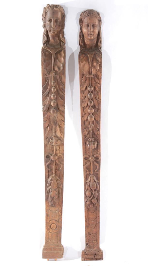 PAIR CONTINENTAL CARVED WALNUT FIGURAL PILASTERS (1 of 5)