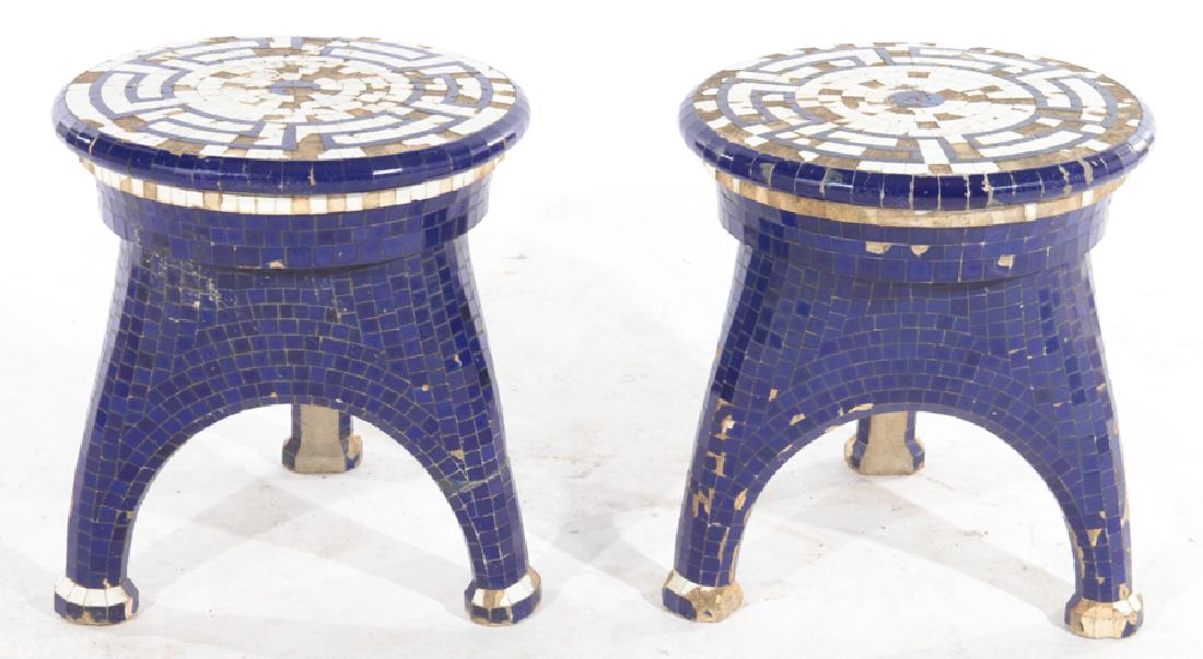 PAIR CAST STONE TILE DECORATED GARDEN STOOLS 1940 (1 of 5)