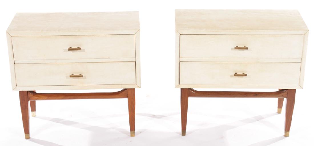 PAIR 2 DRAWER PARCHMENT COVERED END TABLES 1940 (1 of 6)