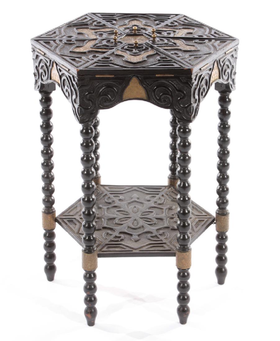 BRASS EBONIZED CARVED FLIP TOP GAMES TABLE 1910 (1 of 6)