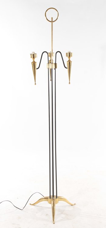 FRENCH BRASS AND IRON 3 ARM FLOOR LAMP C.1950 (1 of 5)