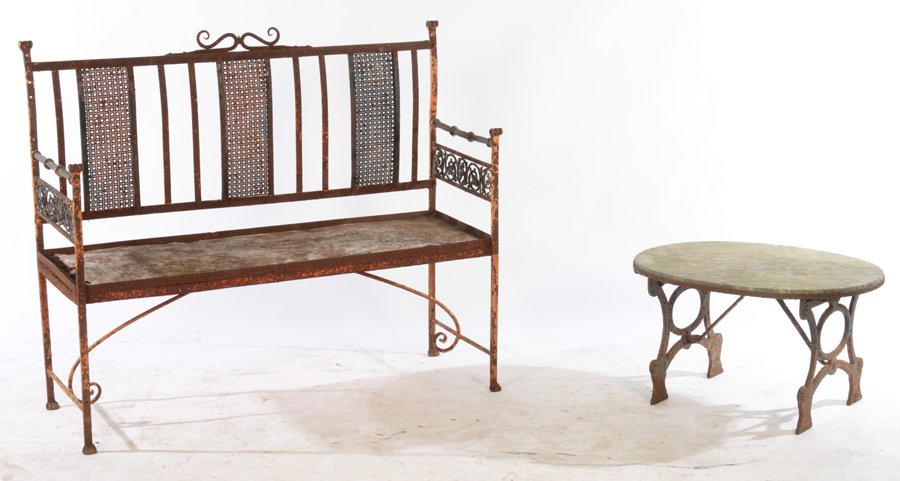 WROUGHT IRON BENCH AND STONE TOP TABLE C.1950 (1 of 5)