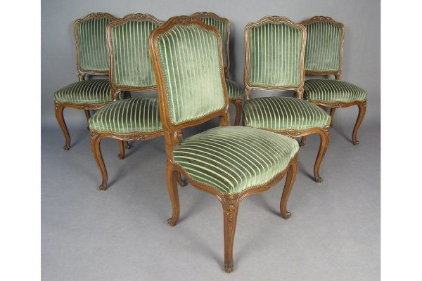SET TEN LOUIS XV STY. WALNUT DINING ROOM CHAIRS CHAIR: SET OF TEN LOUIS XV STYLE DINING ROOM CHAIRS CIRCA 1910. Upholstered in striped velour fabric H: 395." W: 21" D: 20" *Condition: VERY CLEAN SET OF CHAIRS - tight frames **PLEASE NOTE: All property sha