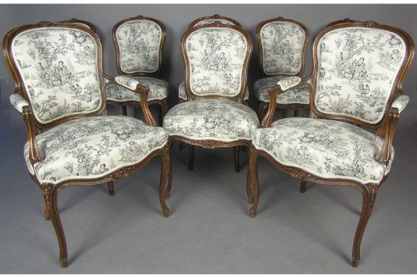 SET TEN LOUIS XV STYLE DINING ROOM CHAIRS CHAIR: SET OF TEN LOUIS XV STYLE DINING ROOM CHAIRS CIRCA 1930. Consisting of two open arm chairs and eight side chairs being upholstered in fabric depicting 19th century life in the country H: 3.65" W: 24"