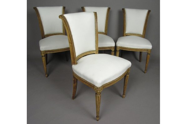 8 LOUIS XVI PAINTED DINING ROOM CHAIRS CHAIR JANSEN: EIGHT LOUIS XVI STYLE PAINTED DINING ROOM CHAIRS PROBABLY JANSEN CIRCA 1940. Found ensuite with the previous lot H: 35" W: 20" D: 17" *Condition: Good - fabric in excellent condition **PLEASE NOTE: Al