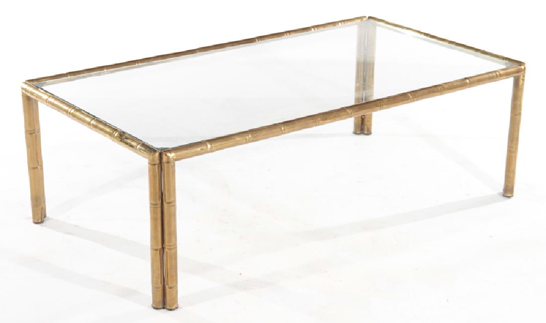 FAUX BAMBOO BRONZE COFFEE TABLE GLASS TOP C.1940 (1 of 4)