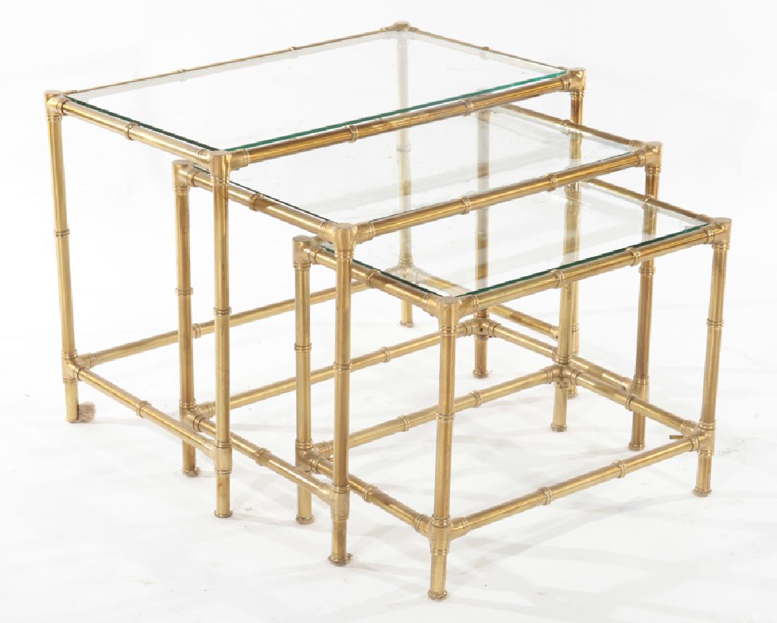 SET 3 BRASS GLASS FAUX BAMBOO NESTING TABLES 1960 (1 of 4)